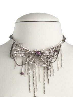 Betsey Johnson Silver Spiderweb Statement Necklace with Pink
Accents